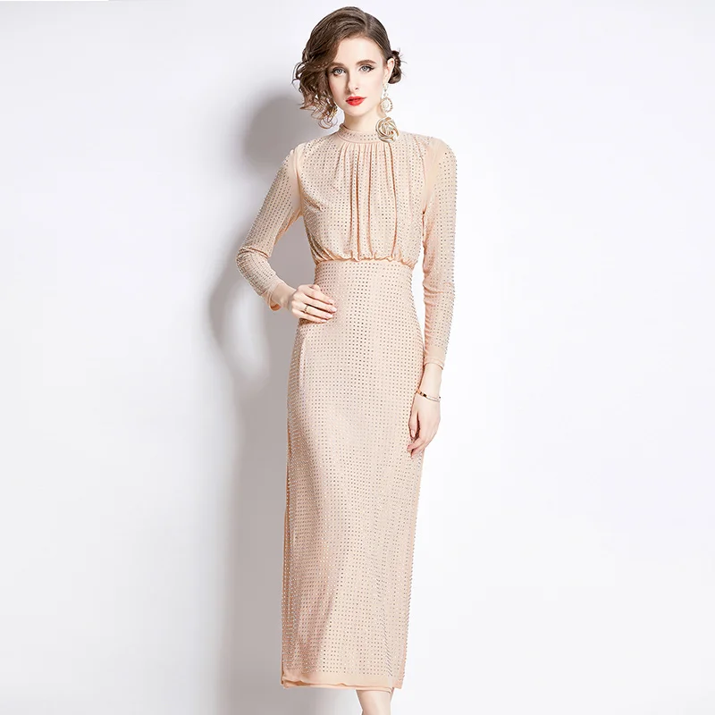 Женское длинное облегающее платье со стразами Элегантное Черное вечернее с