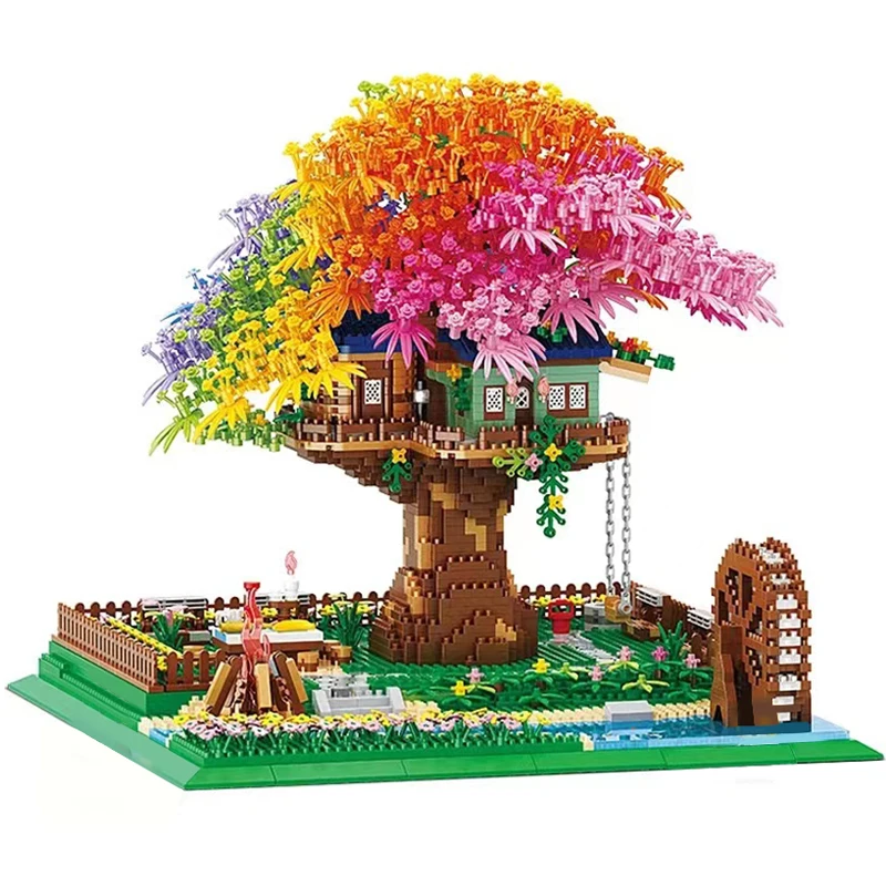 

Радужный домик на дереве Сакура, микро строительные блоки, городской уличный вид, Мини Алмазный архитектурный сад, детские игрушки для дево...