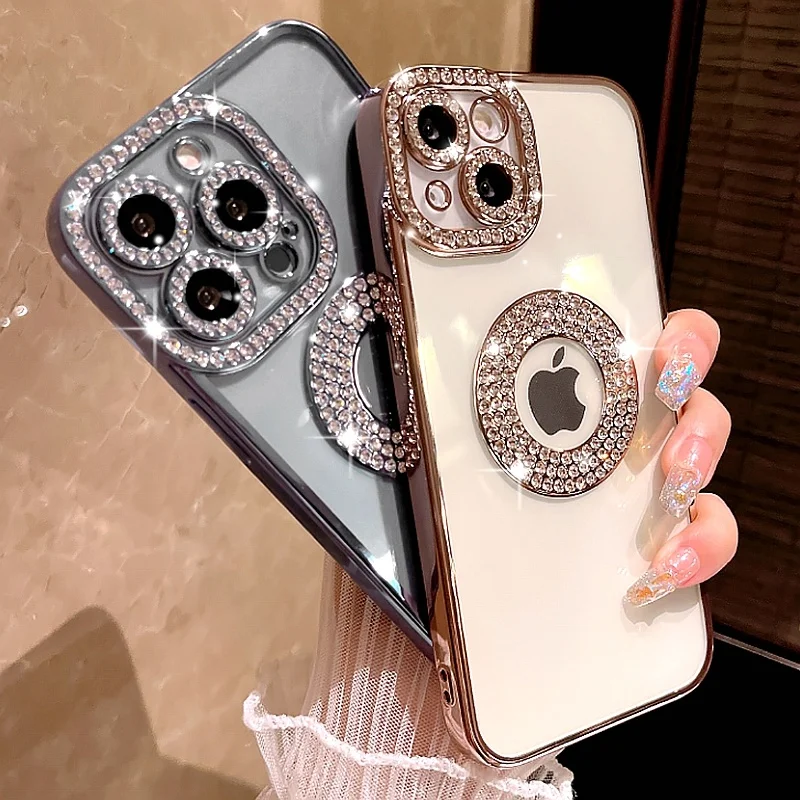 

Luxury Electroplated Transparent Phone Case For iPhone 11 12 13 14 Pro Max Plus Hollow Out Glitter Bumper Soft Rhineston Cover