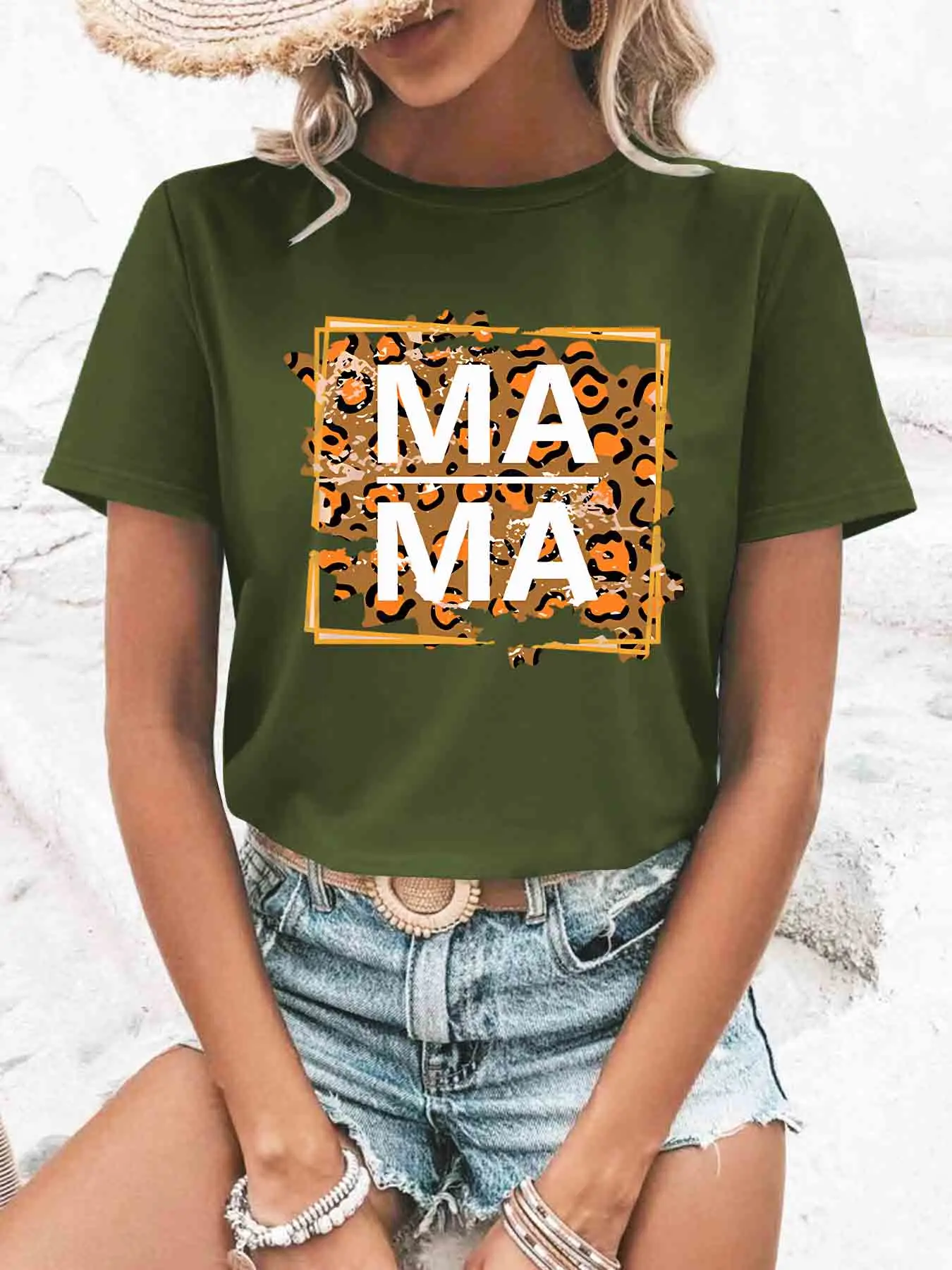 Женская Винтажная футболка с леопардовым принтом круглым вырезом