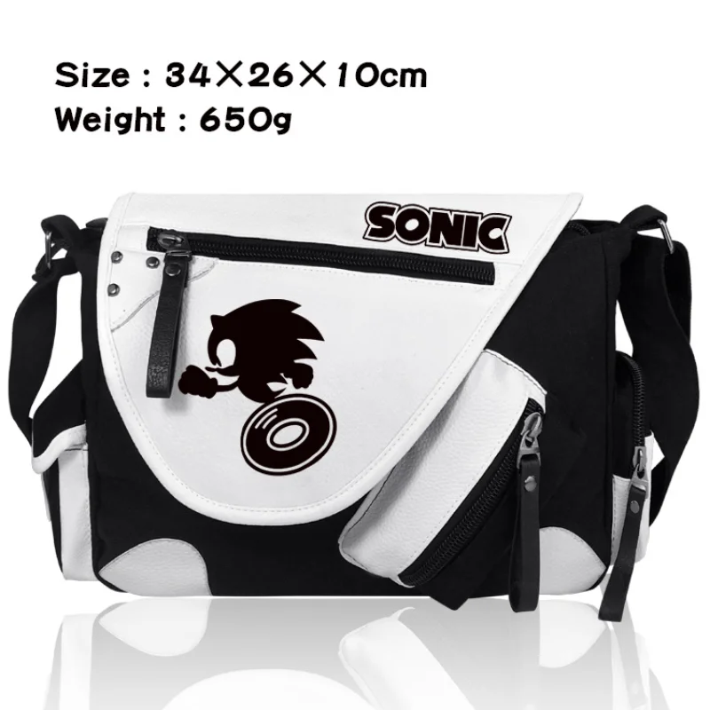 

Anime Cartoon Sonic The Hedgehog Shoulder Bag Black and White Spelling Color Crossbody Bag Large Capacity Shoulder School Bag