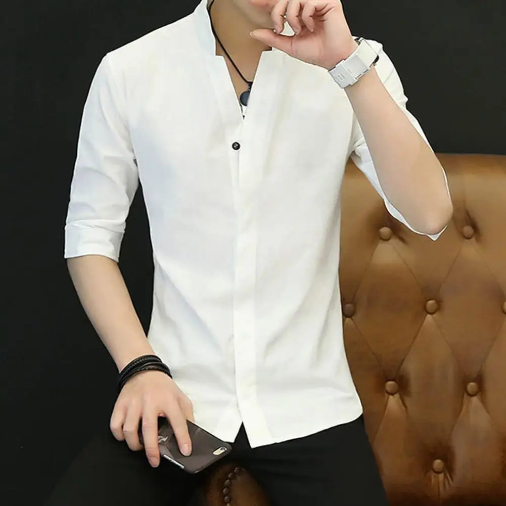 Мужская Однотонная рубашка с воротником-стойкой приталенная в деловом стиле