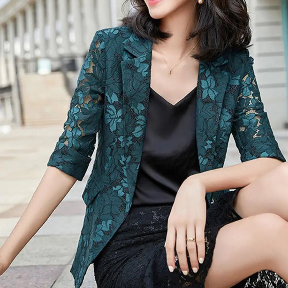 

Stylish Winter Blazer Hollow Out Flap Pockets Pure Color Women Autumn Blazer Three Quarter Sleeves Coat for Shopping