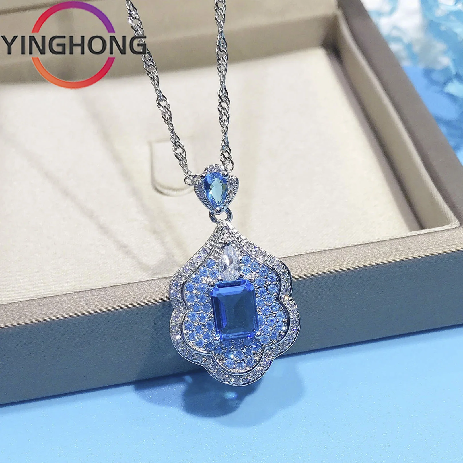 

QueXiang 2023 New S925 Sterling Silver Cloisonne Sapphire Sky Realm Pendant Necklace Women's Jewelry Charm Fashion Luxury Gift