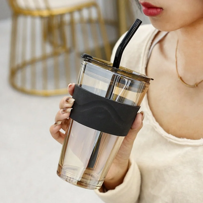 

600ML Creative Glass Cups for Coffee Tea Drinks Milk Tea Water Cups with Cover Straw Drinking Cup Simple Design Mugs Coffee Cups