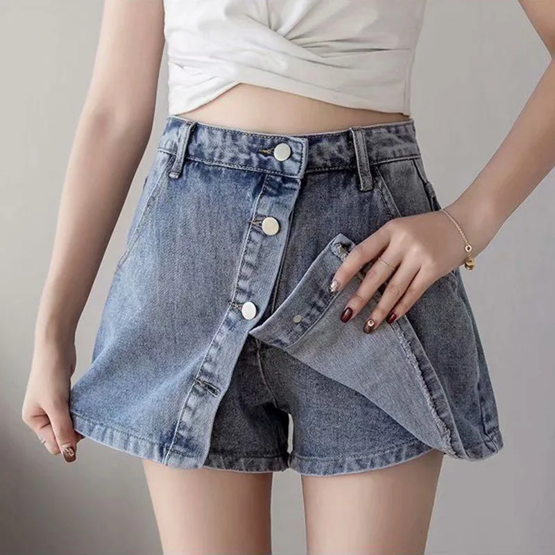 S-5XL New Women Denim Shorts Skirt Summer Fashion Single Breasted High Waist Plus Size Jeans Skirt Casual Loose A-Line Skirt