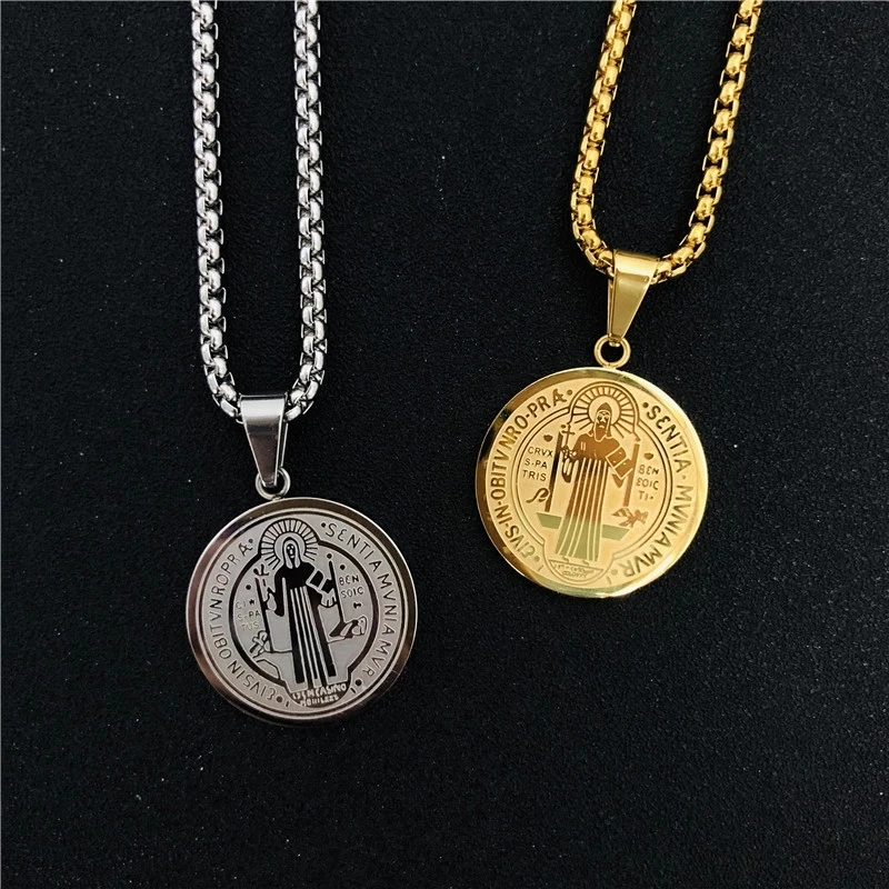 

Gold Saint Benedict Medallion Necklace Gold Silver Color Stainless Steel San Benito Pendant Long Choker Collares For Women Men