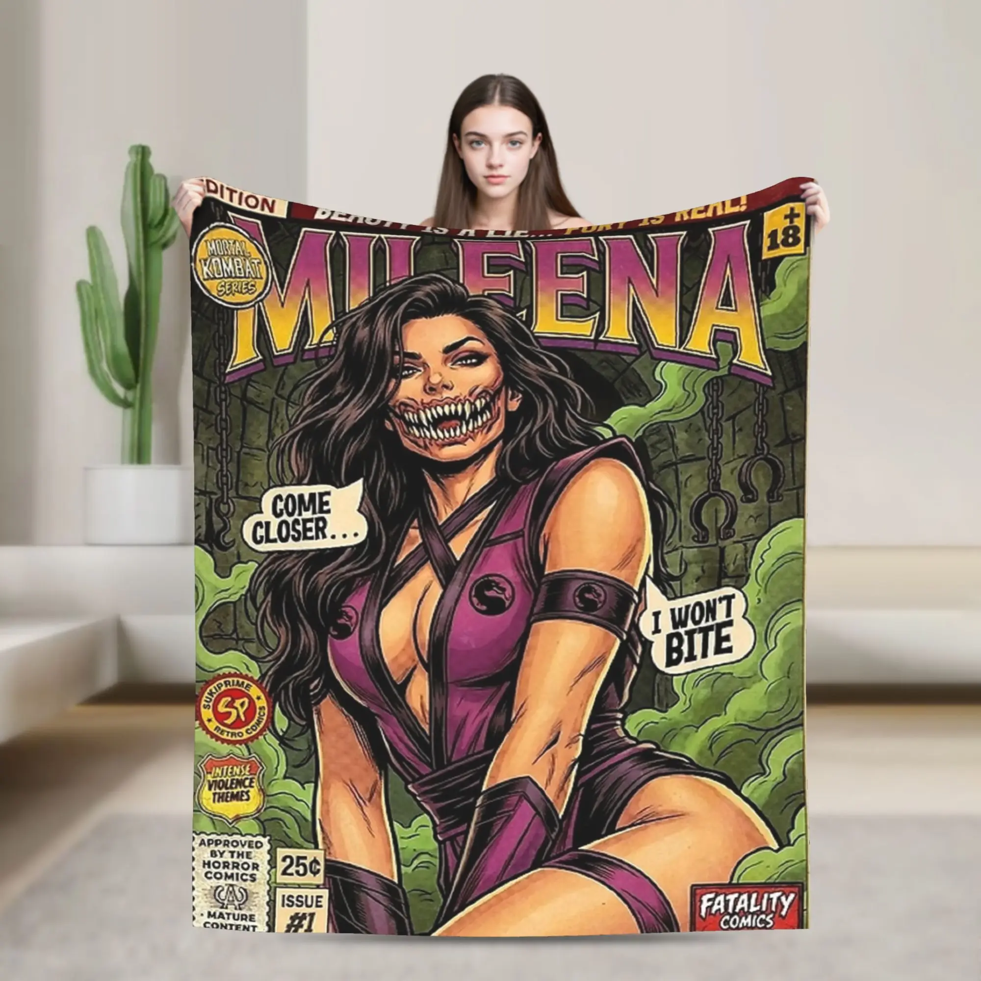Фото Пледы Mileena в винтажном стиле с рисунком обложки комикса Mortal Kombat, фланелевые, потрясающие, теплые, для обивки стульев и диванов, летние №1