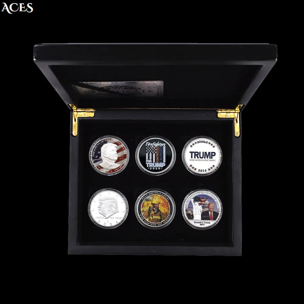 

6pcs Trump Coin with Exquisite Wooden Box US Presidential Coin In God We Trust Silver Coin In Capsule Home Decor