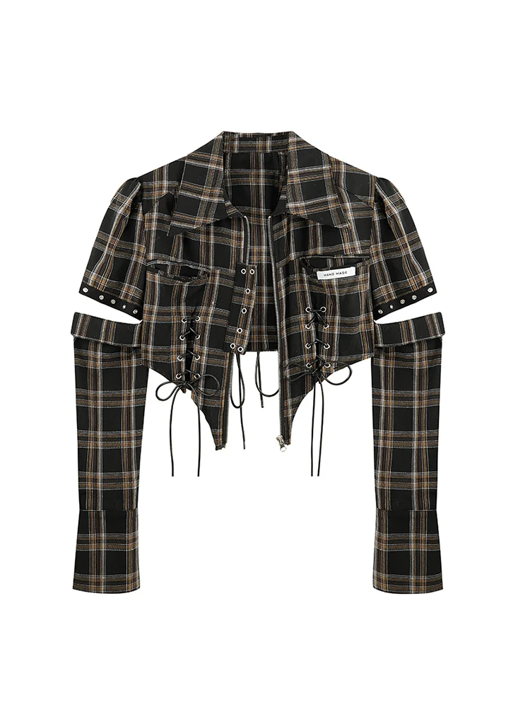 

Vintage Fashion Plaid Shirt Women Hollow Out Long Sleeve Zippers Streetwear Tide Crop Top Gothic Female Blouses Short 2022 New