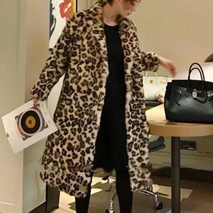 Женское пальто из искусственного меха зимнее леопардовое толстое пушистое