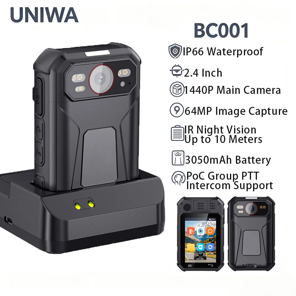 Фото Нательная камера UNIWA BC001 с 2,4-дюймовым сенсорным экраном, 8-ядерным процессором Android, защитой IP66, ИК-ночным видением и функцией PTT №1