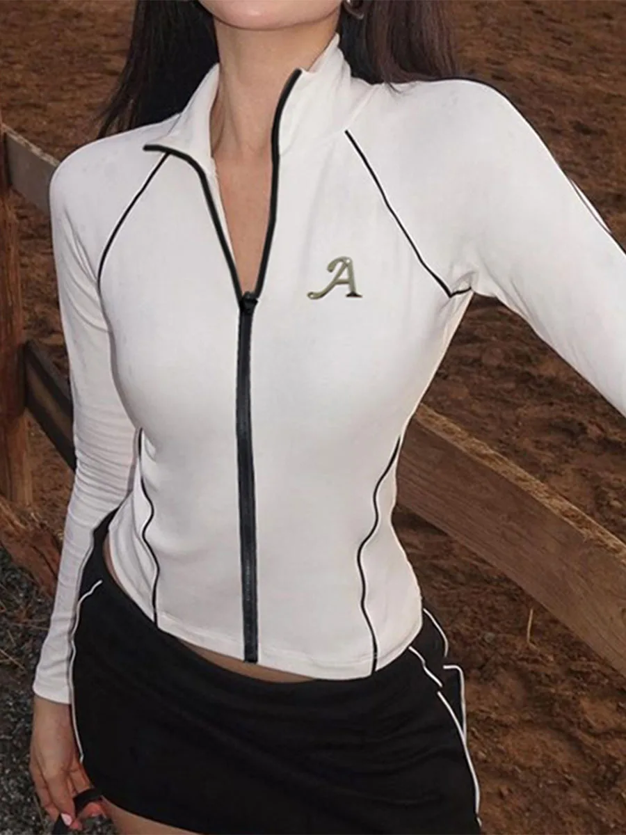 

Укороченная Женская куртка для тренировок, повседневный облегающий кардиган на молнии с длинным рукавом и буквенным принтом, осенняя одежда, модная уличная одежда