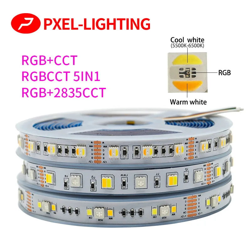 

RGBCCT 5IN1 LED strip DC12V 24V 5050 60leds 5M 300LED RGB CCT CW WW Highlight Light Strips Flexible 2700K - 6500K for Room decor