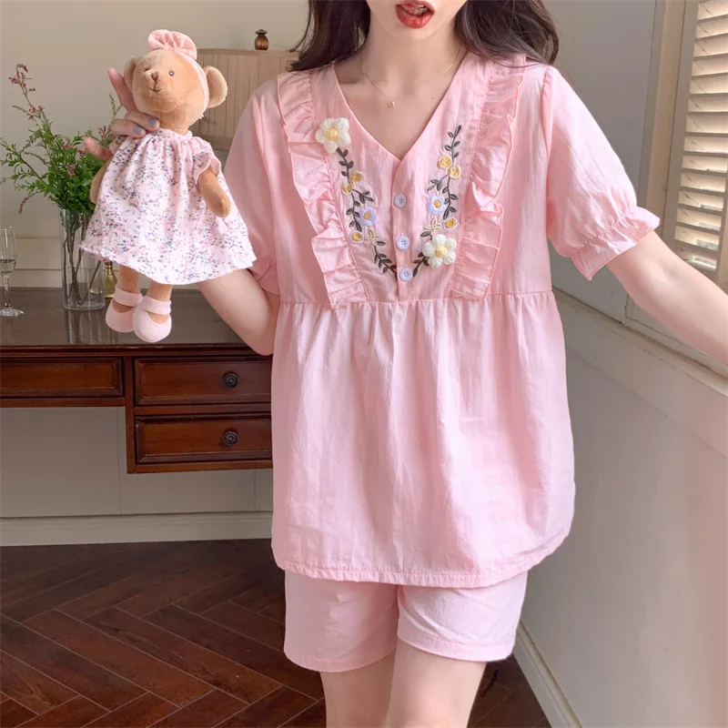 Pajamas for Women's Summer Pure Cotton Cute Short-sleeved Shorts French Pure Desire Princess Style Home Service Suit Loungewear