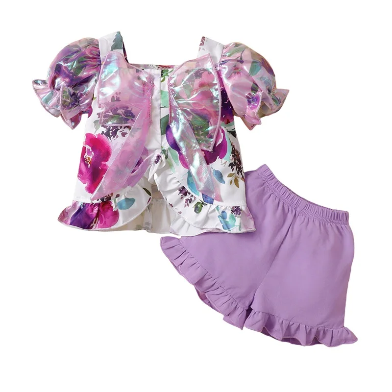 

2 Pieces Clothes Set Girls Floral Print Short Puff Sleeve Ruffle Tops+ Solid Color Shorts Outfits for 6 Months-3 Years Purple