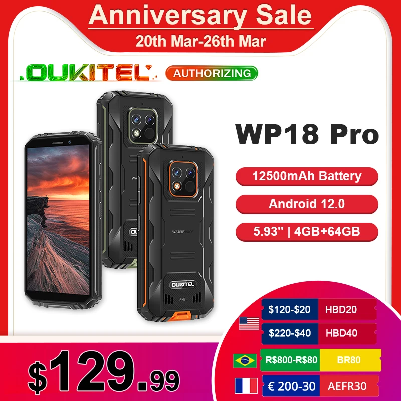 Смартфон OUKITEL WP18 Pro, 12500 мАч, Android 12, 4 + 64 ГБ, 5,93 дюйма, HD +, 13 МП