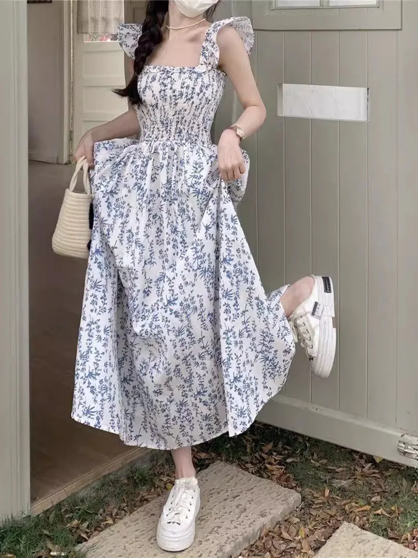 Новинка 2024 стильное свежее и милое приталенное синее платье с разрезом длинное