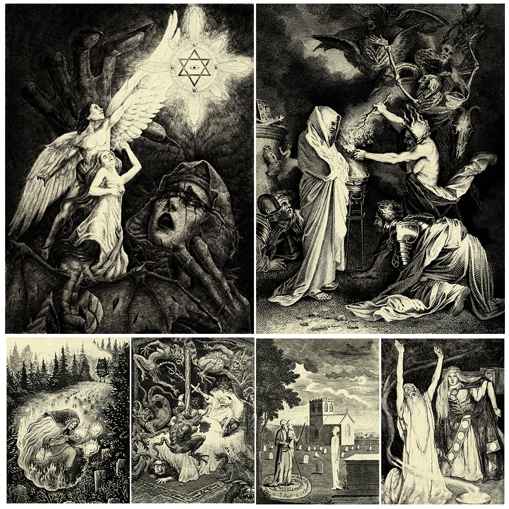 Drawing Vintage Wall Art Canvas Painting Pagan Mystical Witchcraft Worship Art Poster Print Decor