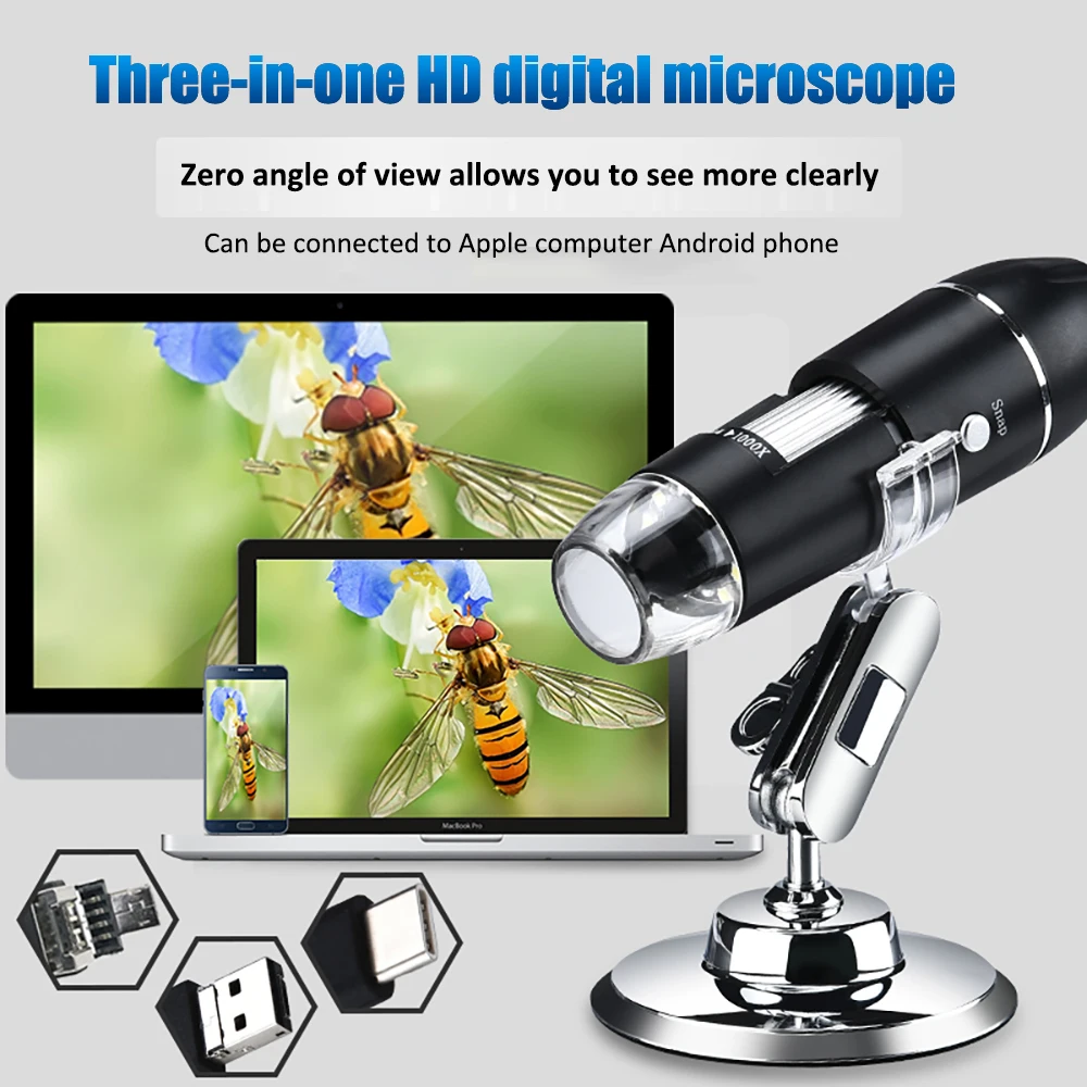 

500/1000/1600X 3in1 Digital Microscope Handheld USB Interface Electron Microscopes Adjustable Magnifier Endoscope With 8 LEDs
