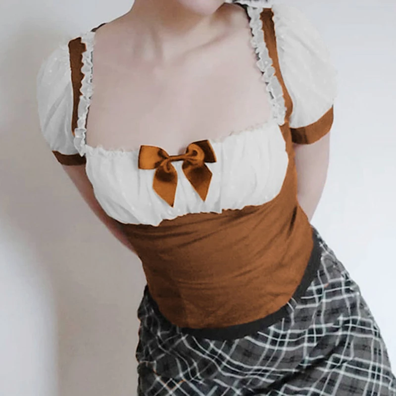 

Summer Fashion Slim Sweet Bow Contrast Color Short Puff Sleeve Square Neck Low Cut Tee Shirt Casual T-Shirts Women Girl Crop Top