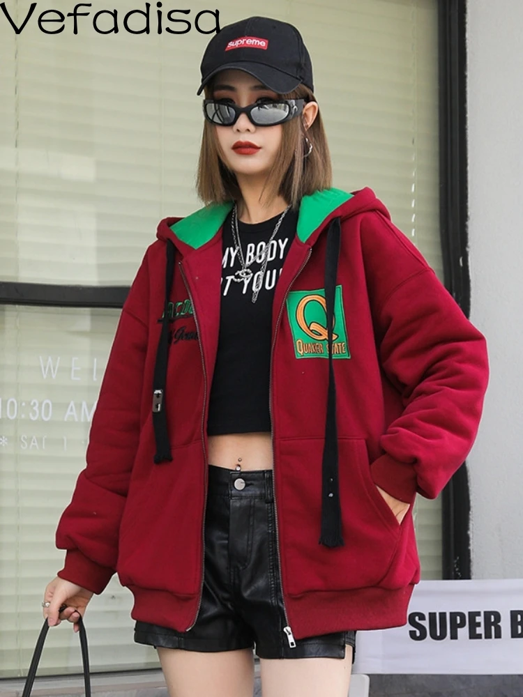 

Vefadisa 2023 Spring Autumn Hooded Zipper Cardigan Coat Loose Leisure Letter Printing Thickening Cotton Coat Women's LHX3937