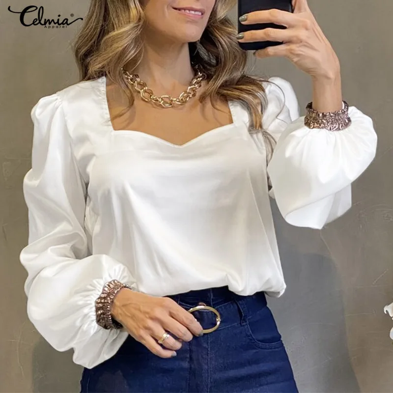 

Women Puff Long Sleeves Solid Blouse Celmia Elegant Square Collar Shirt 2022 Autumn Casual Loose Satin Silk Party Tops Oversized