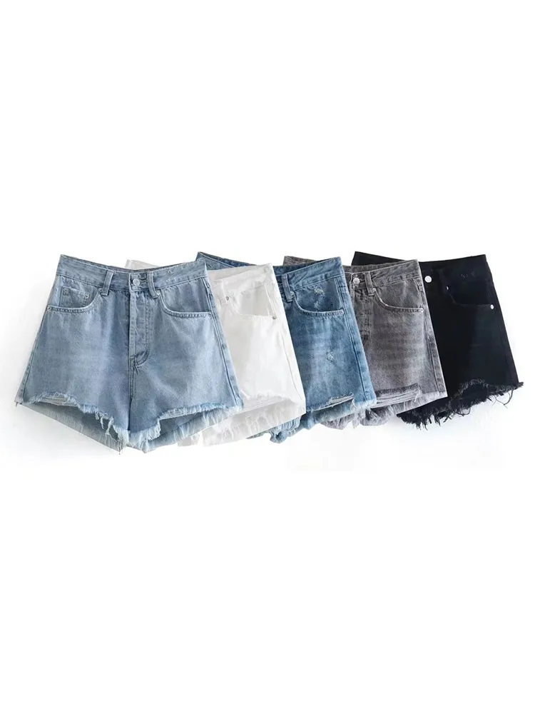 RDMQ 2023 Women Spring Summer Fashion With Pockets Frayed Hem Denim Shorts Vintage High Waist Button Fly Female Short Mujer