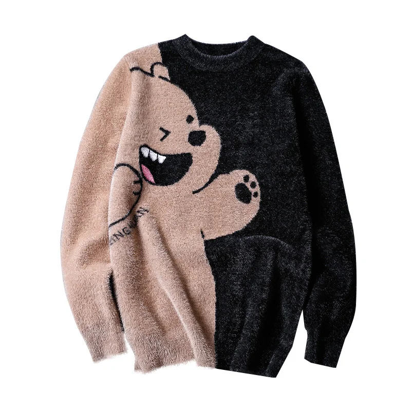 

Extra Thick Mink Cashmere Sweater Men's round Neck Bear Jacquard Winter Warm and Trendy Sweater Korean Style