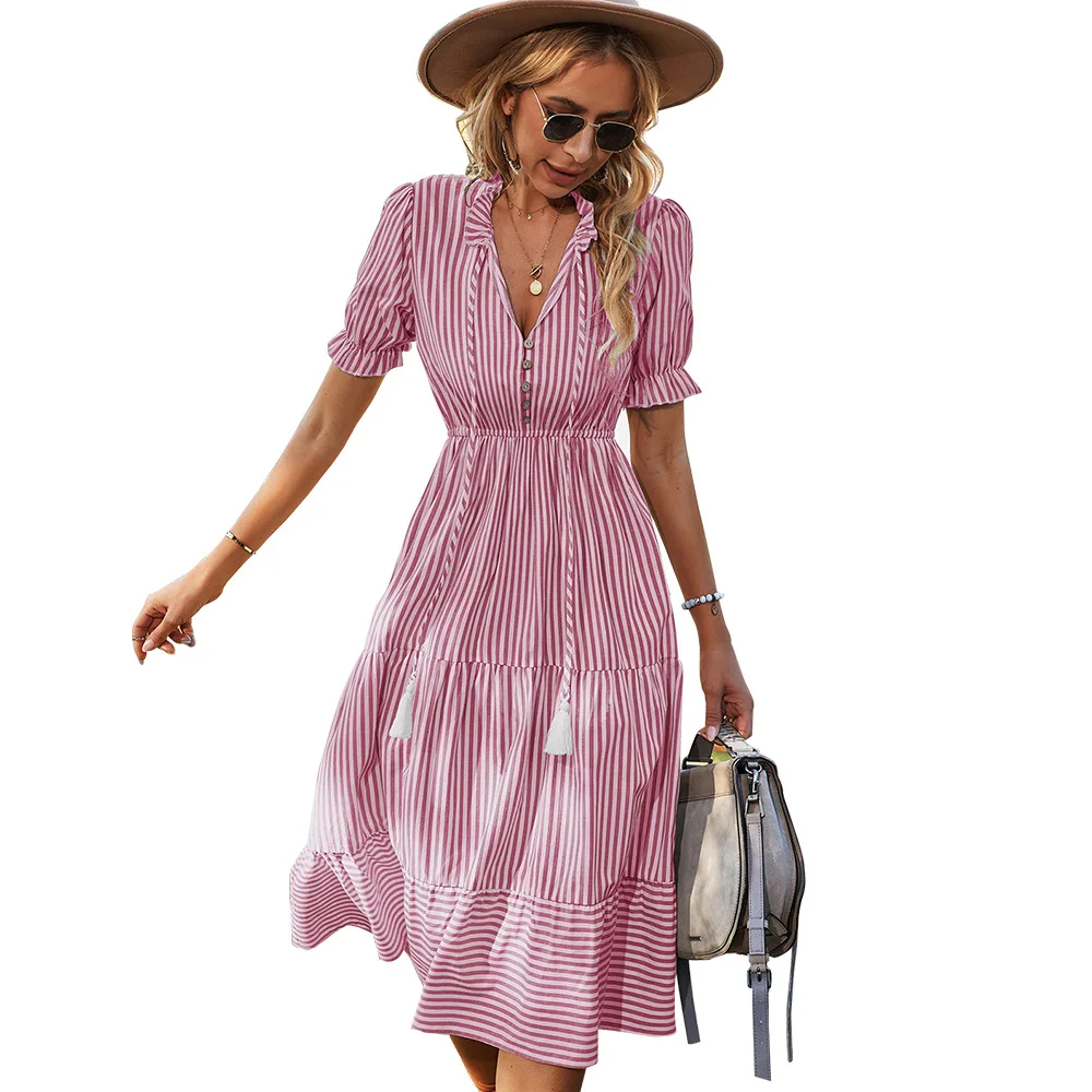 

Women's Dress Short Sleeve Knee Length Mid Calf Striped Dress Button Long Dress