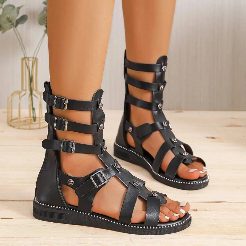 Women's Fashion Black Buckle Studded Decor Sandals Casual Retro Gladiator Zipper Back Flats Sandals Summer Hollow High top Shoes
