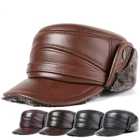 autumn and winter new real cowhide plus velvet warm flat baseball cap mens middle aged and elderly windproof ear protection hat