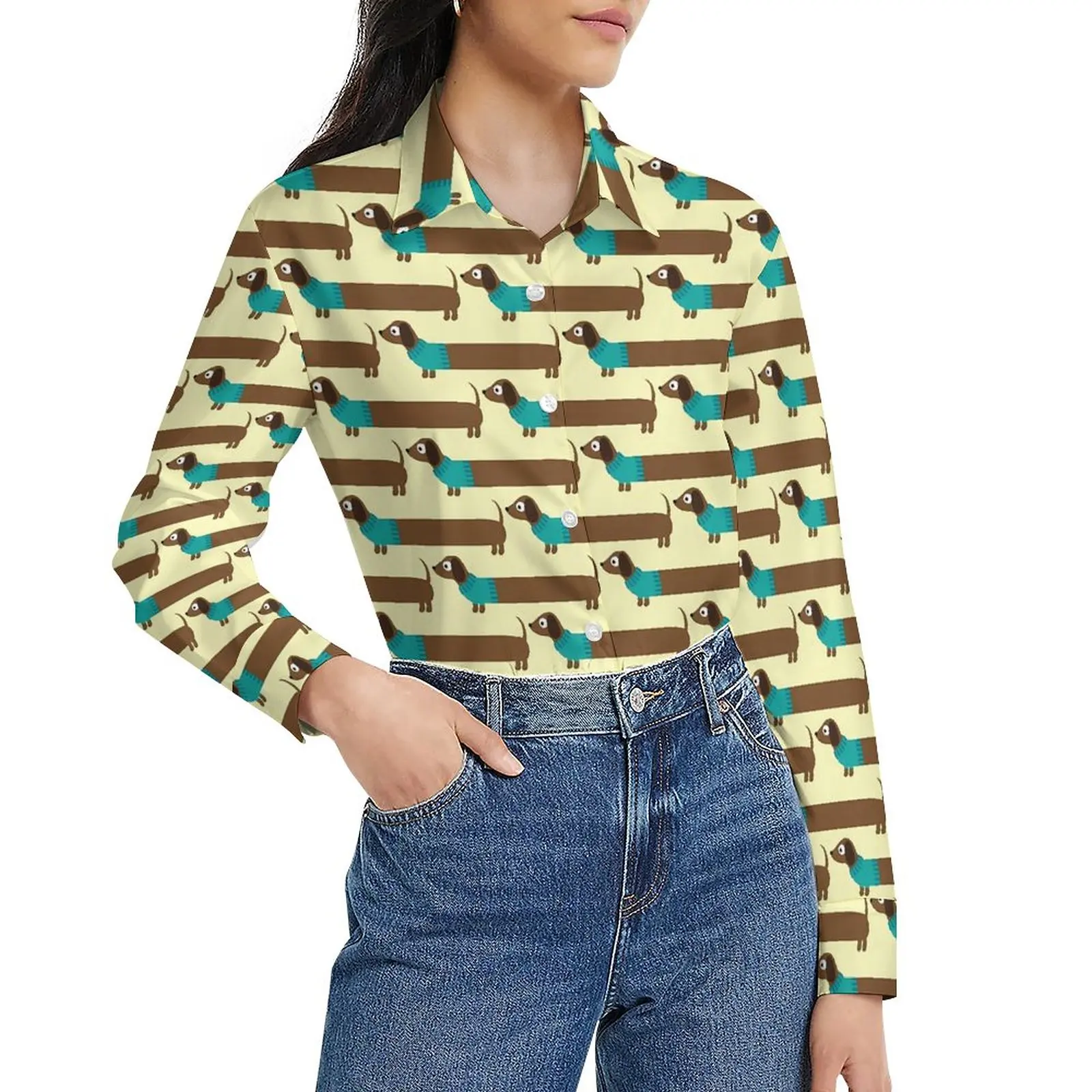

Dog Print Blouse Long Sleeve Cute Dachshund Kawaii Blouses Women Casual Oversized Shirt Design Clothes Birthday Present