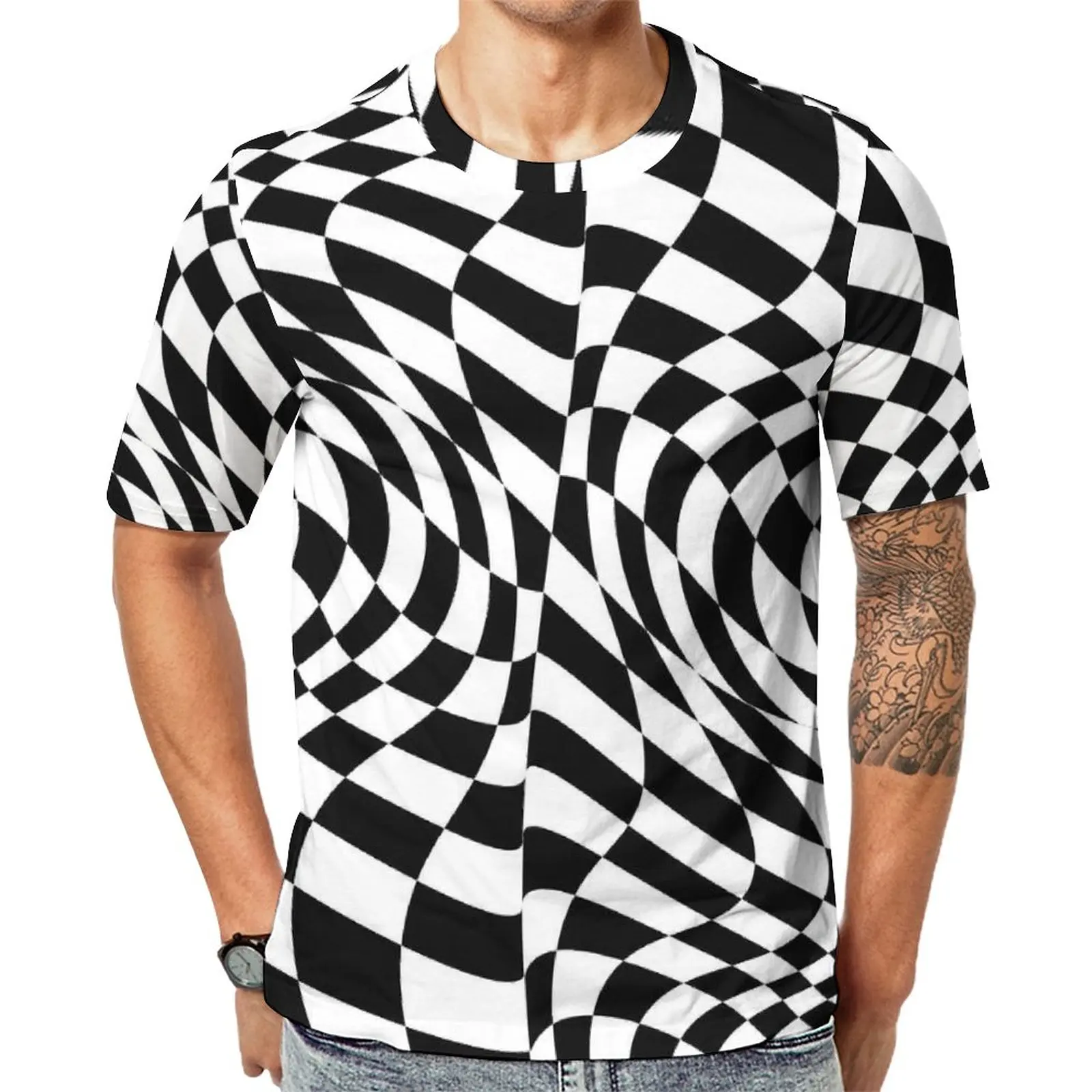 

Футболка мужская оверсайз в абстрактную полоску, модная тенниска с геометрическим рисунком эмо, майка с коротким рукавом, лето