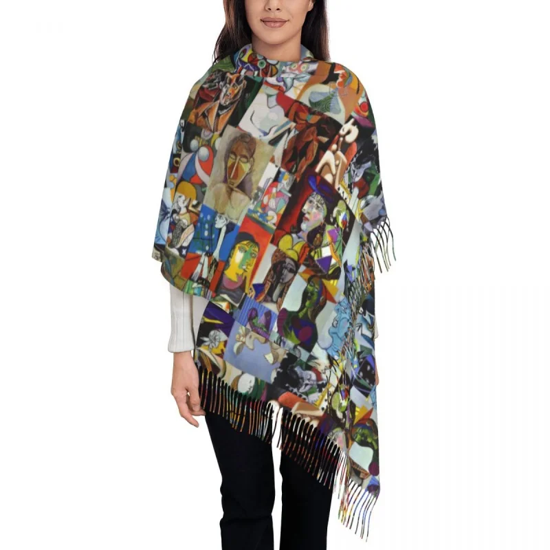 

Lady Long Pablo Picasso Artwork Scarves Women Winter Fall Thick Warm Tassel Shawl Wraps Painting Art Scarf