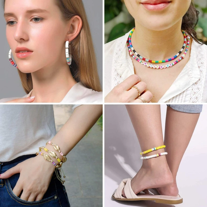 

N58F Soft Pottery Spacer Beads Charms Kit Handmade Jewelry Material Small Craft Beads with Charm Hand Tools Clear Plastic Box