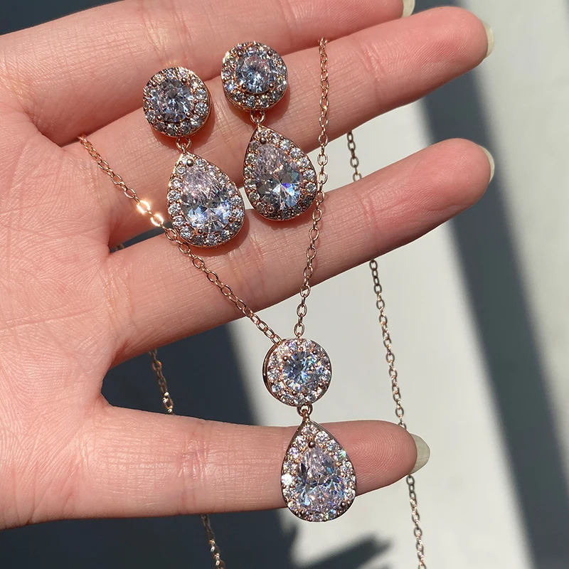 

Uilz Luxury AAA Zircon Drop Earring Necklace Jewelry Sets for Women Water Dangle Earrings Set for Engagement Wedding Bride Ear
