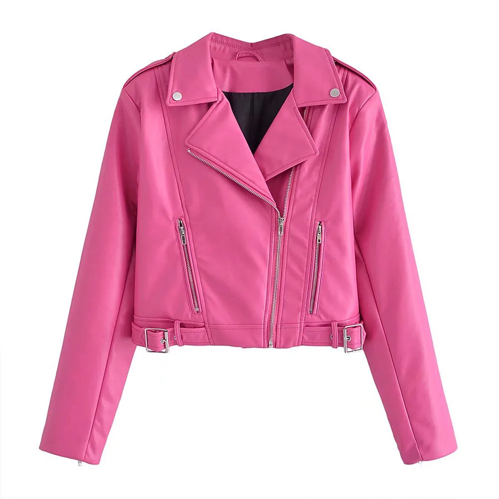 

Women 2022 New Fashion Faux Leather Jacket Coat Retro Lapel Long Sleeve Zipper Pocket Chic Tops Female Outerwear Mujer