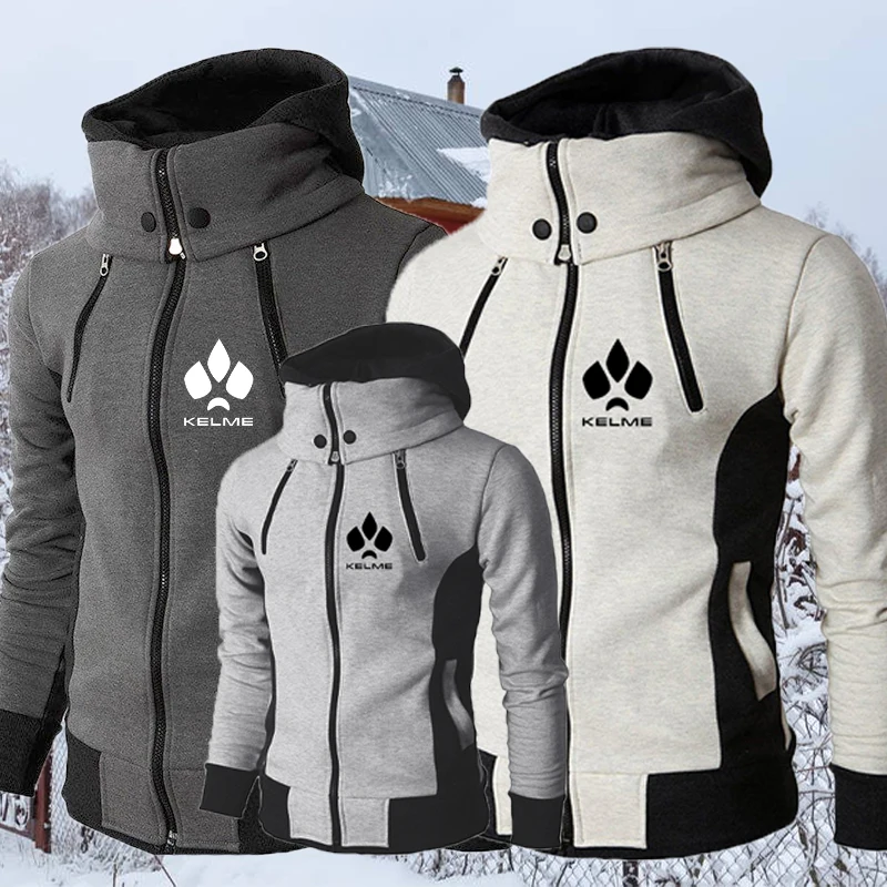 

2022 New Fashion Kelme Print Men Coat Warm Long Sleeve Hoodie with Zip Pocket Winter Jacket Coat Top Sweater Fashion Sportswear