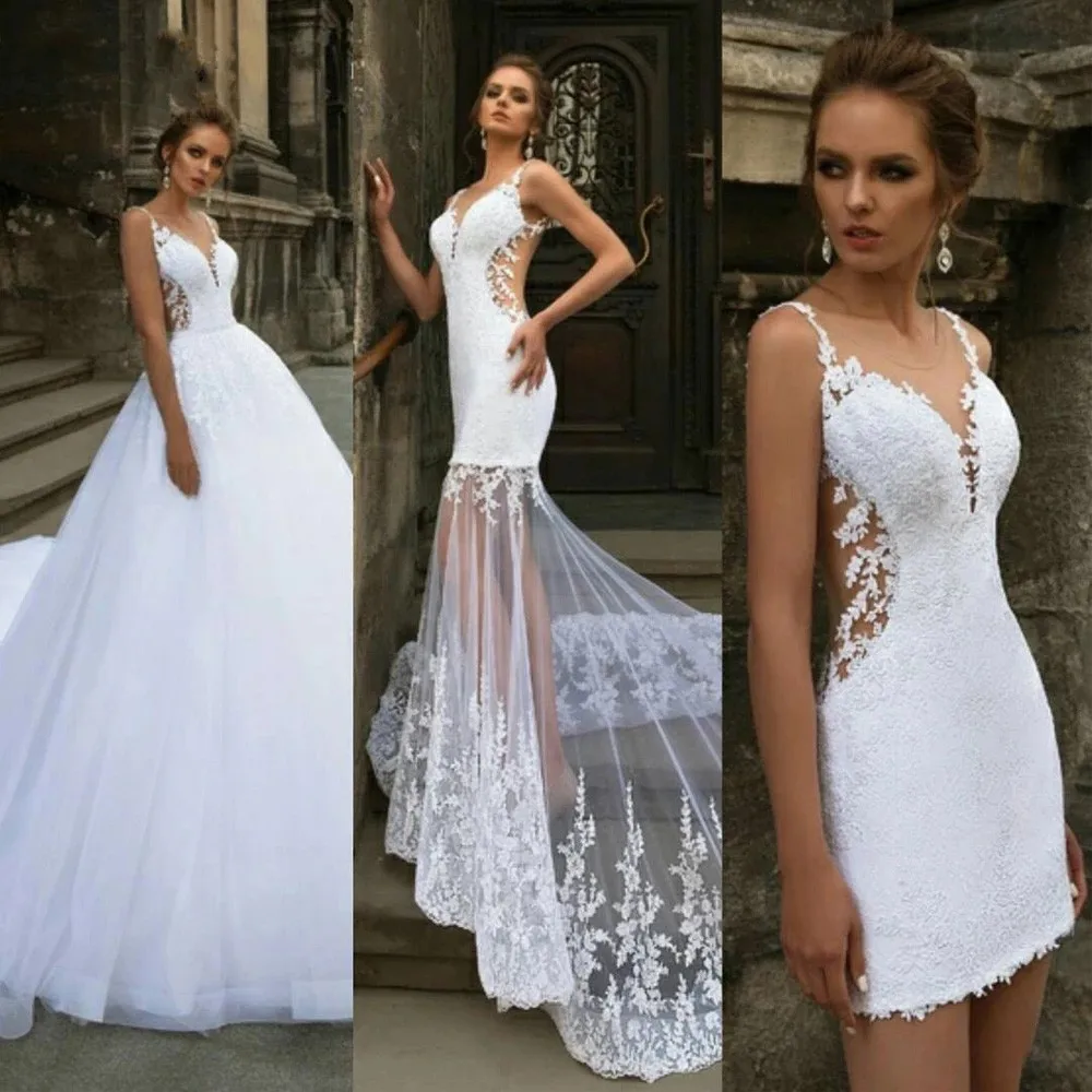 

2023 Graceful White Mermaid Wedding Dresses Detachable Train 3 in 1 Lace Applique Sheer Neck Bridal Gown Backless Robe De Mariée