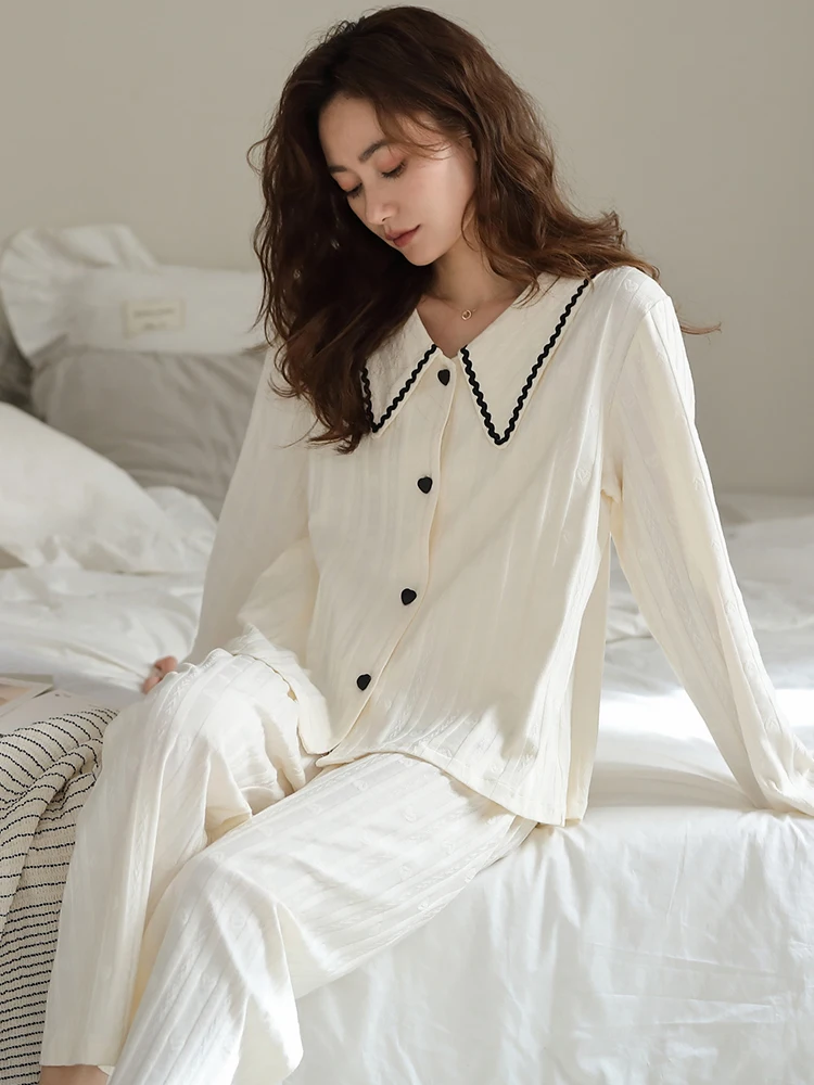 New Spring 100% Cotton Women Pajams Set White Sleepwear Lace Design Home Clothes Pijama Femme Hombre Pyjama Nightgown For Ladies