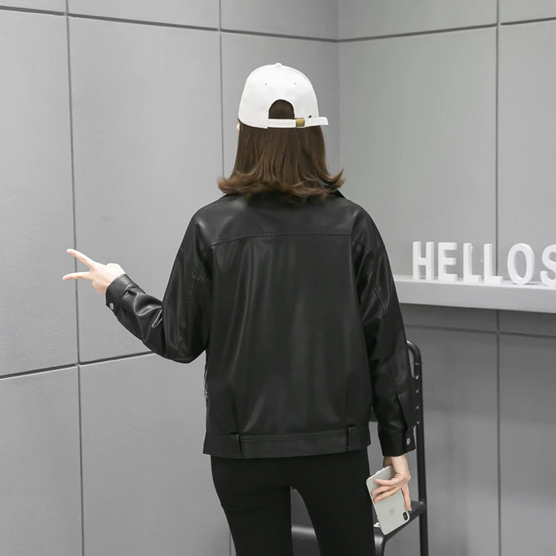 Classic Punk Black Leather Zipper Jacket y2k Streetwear High Street Coats Autumn Korean Fashion PU Leather Jacket Women Oversize