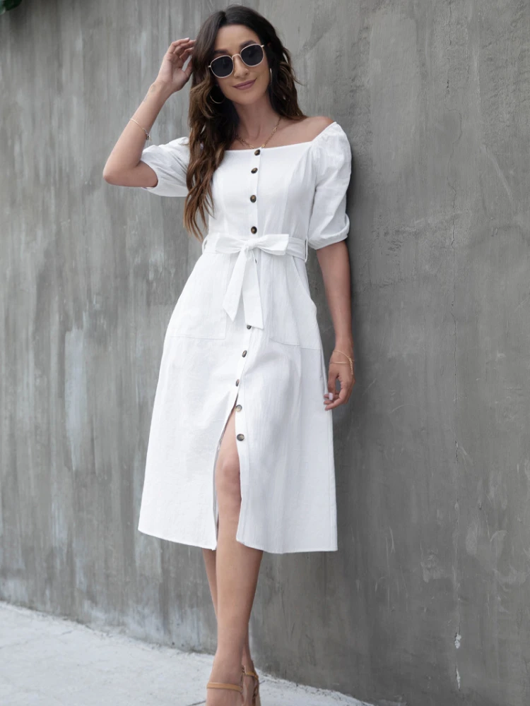 

Летние белые повседневные женские платья с открытой спиной, однотонное женское элегантное платье на шнуровке, модная одежда 2022