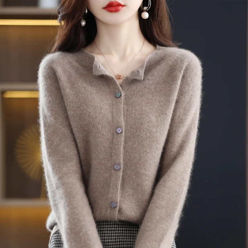 First Line Ready To Wear Pure Wool Knitted Cardigan Autumn And Winter New Women's Solid Round Neck Sweater With Long Sleeve Coat