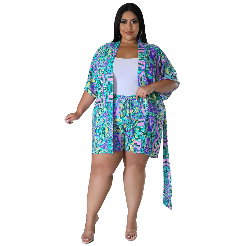 Plus Size Big Size Summer Holidays Woman Two Pieces Set Multicolored Printing Long Sleeves Shirt Sash Fashion 3xl 4xl 5xl 6xl
