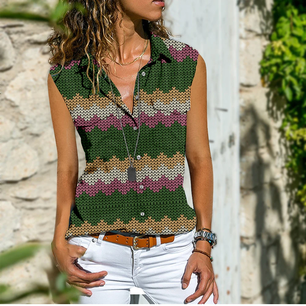 

Women's New Button Knit Print Sleeveless Shirt Summer Casual Top