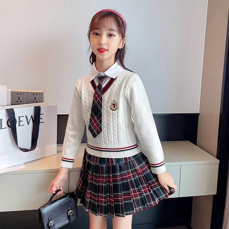 

Children Costume Sets for Girls School Uniform Twinset Kids Suit Preppy Sweater Skirt Clothes for Teenagers 6 8 9 10 12 14 Years