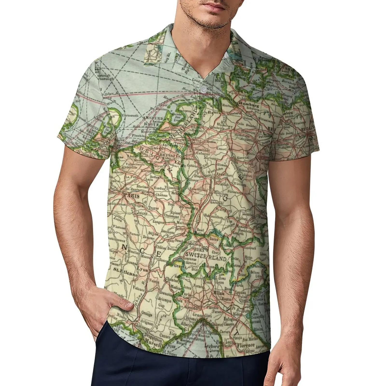 

Рубашка-поло в винтажном стиле, Повседневная футболка с картой Европы, с короткими рукавами, модная рубашка в стиле оверсайз, рубашка в пода...