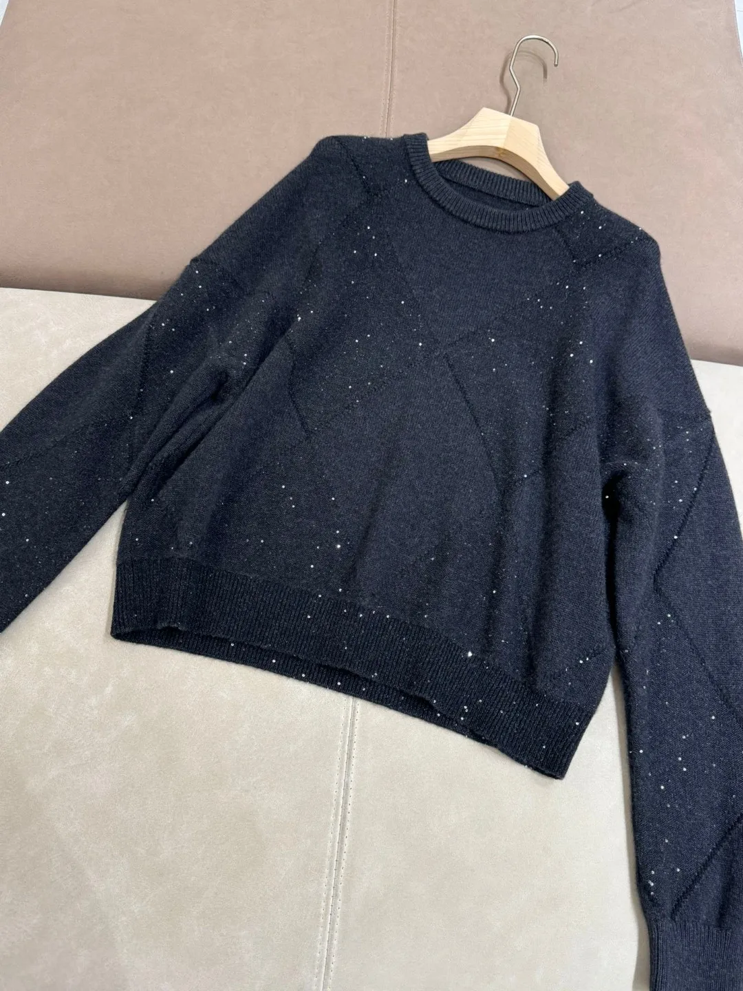 Женский кашемировый свитер с ромбическими пайетками и круглым вырезом B * C