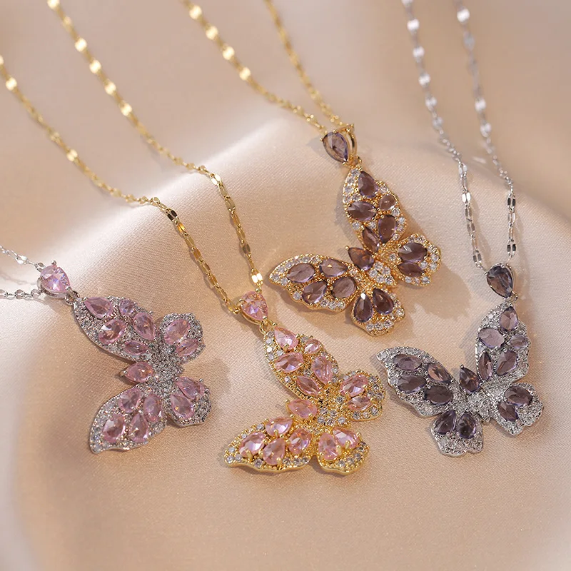 

Light Luxury Style Rhinestone Pink/Grey Drop-Shaped Zircon Decorated Large Butterfly Pendant Necklace, Perfect Gift For Friends